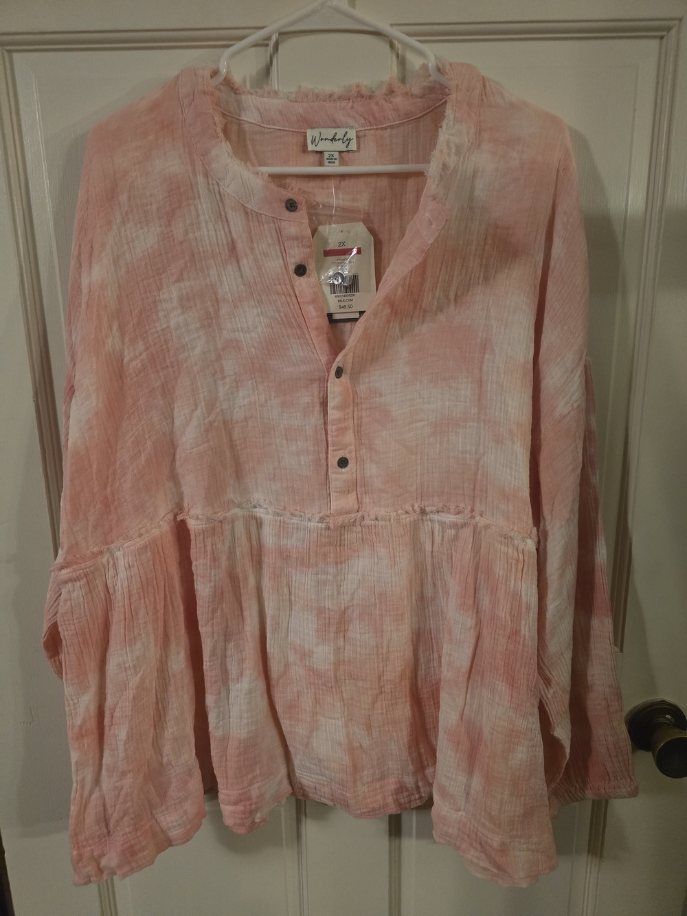 Wonderly Peach-Pink Tie-Dye Peasant Tunic #276